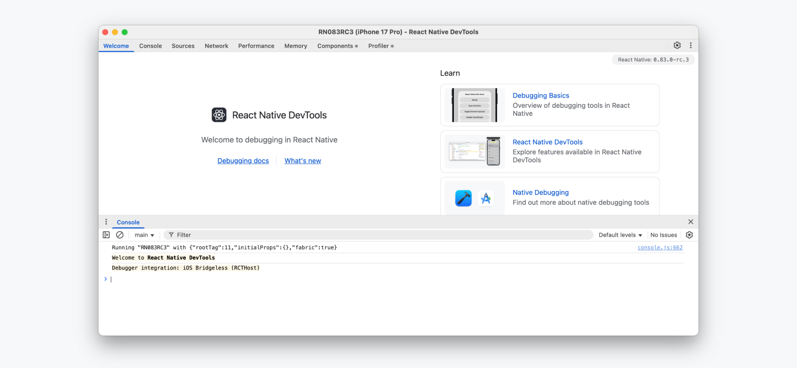 React Native DevTools opened to the "Welcome" pane